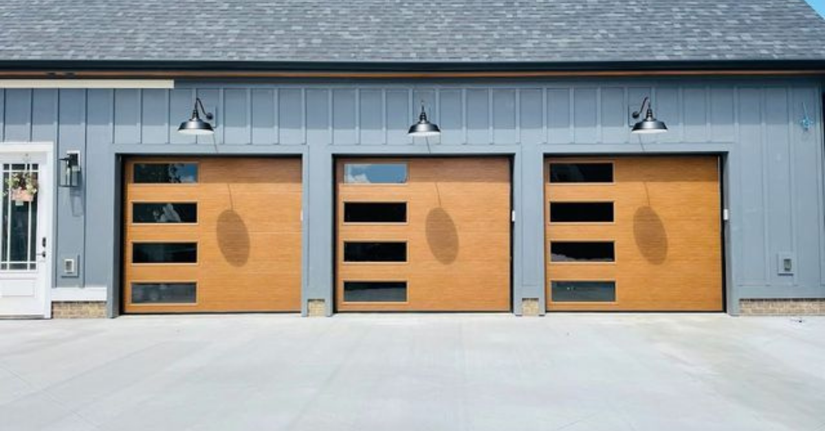 three single car wood overlay flush panel garage